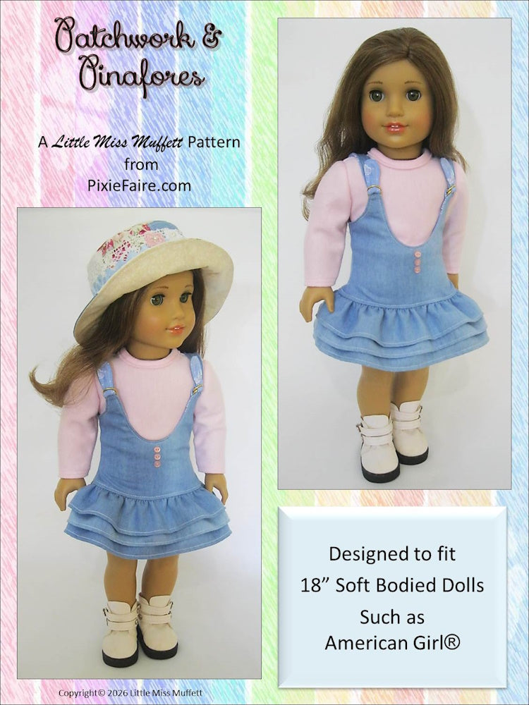Little Miss Muffett 18 Inch Modern Patchwork & Pinafores 18" Doll Clothes Pattern Pixie Faire