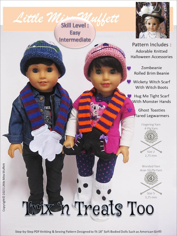 Little Miss Muffett Knitting Trix n Treats Too 18" Doll Clothes Knitting and Sewing Pattern Pixie Faire