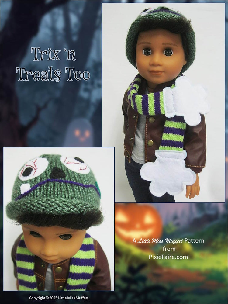 Little Miss Muffett Knitting Trix n Treats Too 18" Doll Clothes Knitting and Sewing Pattern Pixie Faire