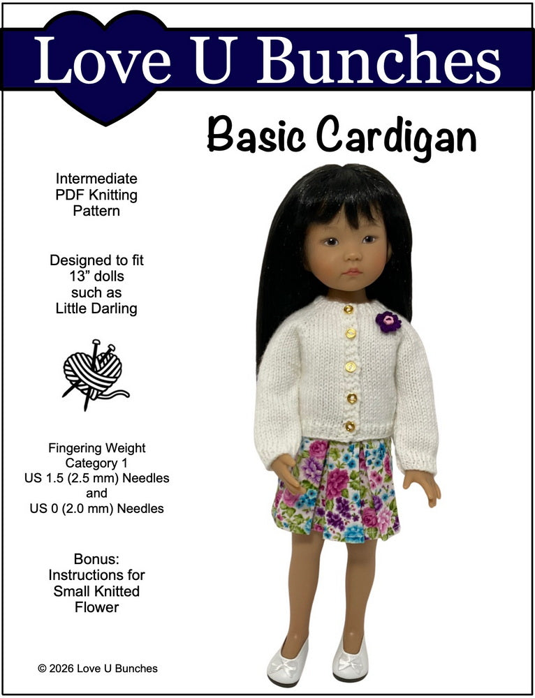 Love U Bunches Knitting Basic Cardigan 13" Doll Clothes Knitting Pattern for Little Darling Dolls Pixie Faire