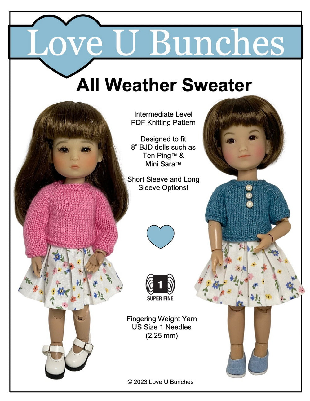 Love U Bunches 8" BJD All Weather Sweater Knitting Pattern for 8 Inch BJD such as Ten Ping and Mini Sara Pixie Faire