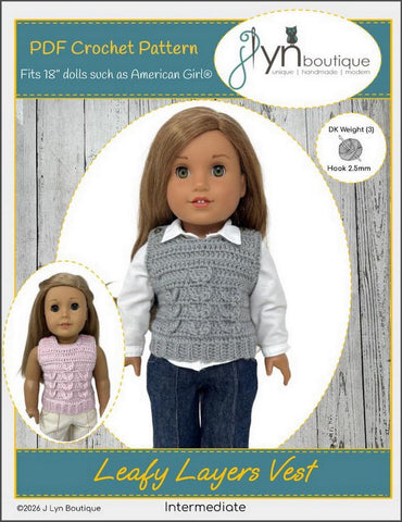 J Lyn Boutique Crochet Leafy Layers Vest 18" Doll Clothes Crochet Pattern Pixie Faire