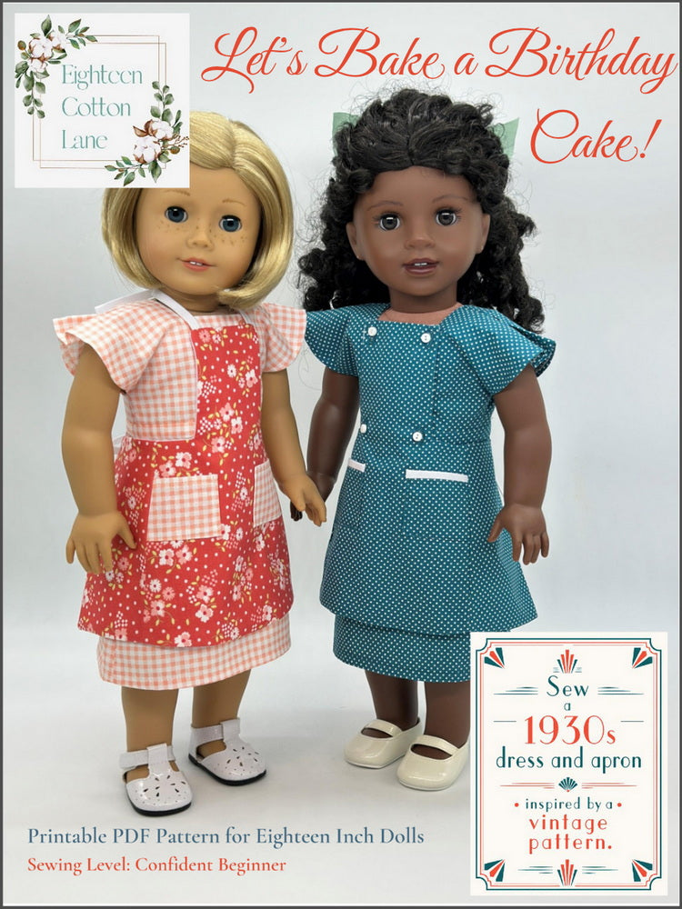 Eighteen Cotton Lane 18 Inch Historical Let's Bake a Birthday Cake! 18" Doll Clothes Pattern Pixie Faire