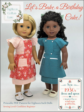 Eighteen Cotton Lane 18 Inch Historical Let's Bake a Birthday Cake! 18" Doll Clothes Pattern Pixie Faire
