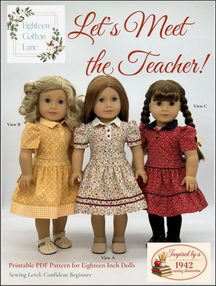 Eighteen Cotton Lane 18 Inch Historical Let's Meet the Teacher! 18" Doll Clothes Pattern Pixie Faire