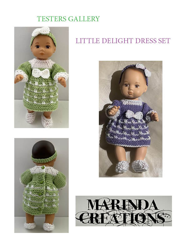 Marinda Creations 8" Baby Dolls Little Delight Dress Set 8" Baby Doll Clothes Knitting Pattern Pixie Faire