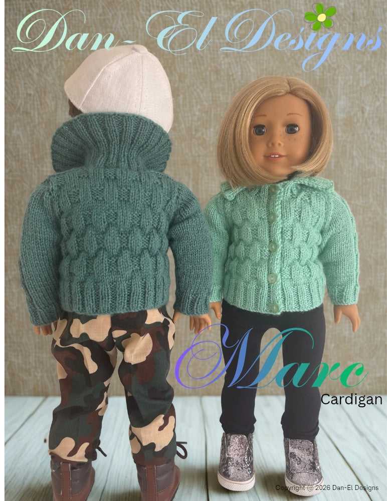 Dan-El Designs Knitting Marc Cardigan 18" Doll Clothes Knitting Pattern Pixie Faire