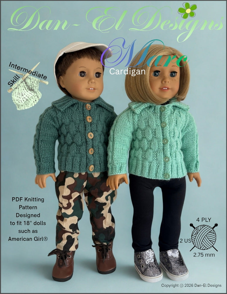 Dan-El Designs Knitting Marc Cardigan 18" Doll Clothes Knitting Pattern Pixie Faire