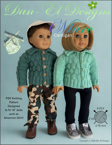 Dan-El Designs Knitting Marc Cardigan 18" Doll Clothes Knitting Pattern Pixie Faire