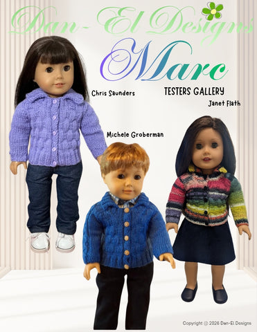 Dan-El Designs Knitting Marc Cardigan 18" Doll Clothes Knitting Pattern Pixie Faire