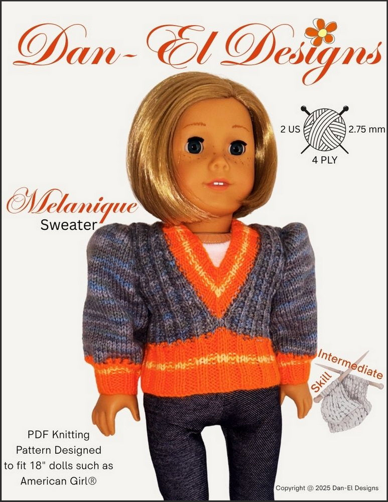 Dan-El Designs Knitting Melanique Sweater 18" Doll Clothes Knitting Pattern Pixie Faire