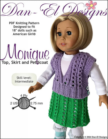 Dan-El Designs Knitting Monique Top, Skirt & Petticoat 18 inch Doll Knitting Pattern Pixie Faire