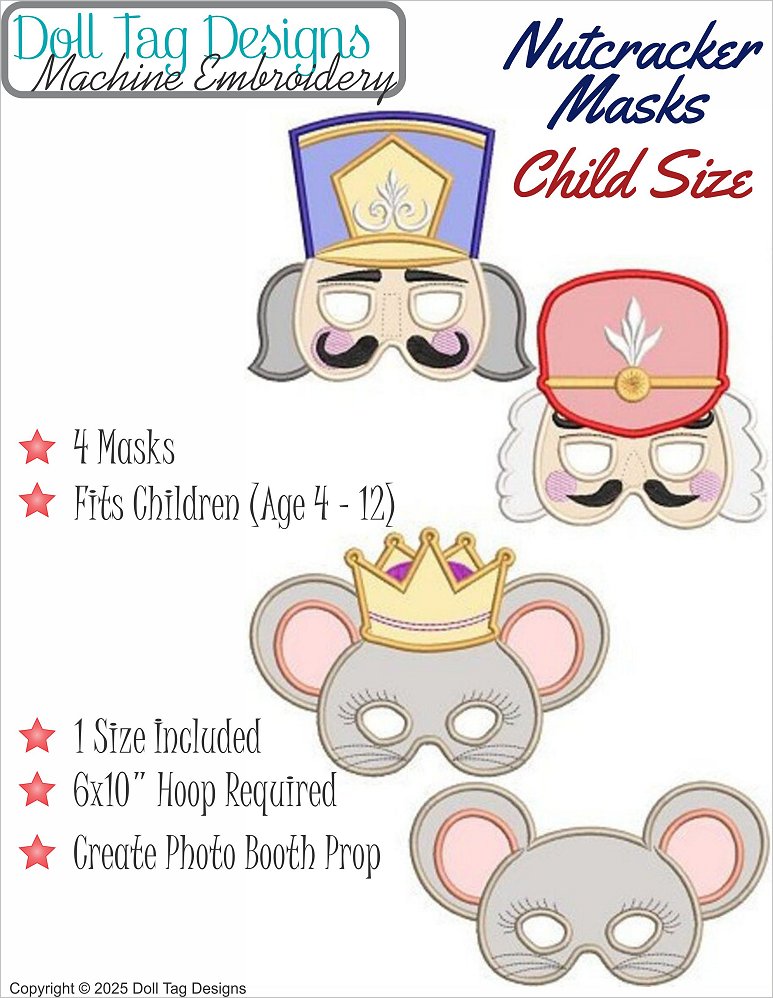 Doll Tag Clothing Machine Embroidery Design Nutcracker Masks Machine Embroidery Designs CHILD SIZE Pixie Faire