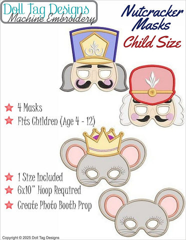 Doll Tag Clothing Machine Embroidery Design Nutcracker Masks Machine Embroidery Designs CHILD SIZE Pixie Faire