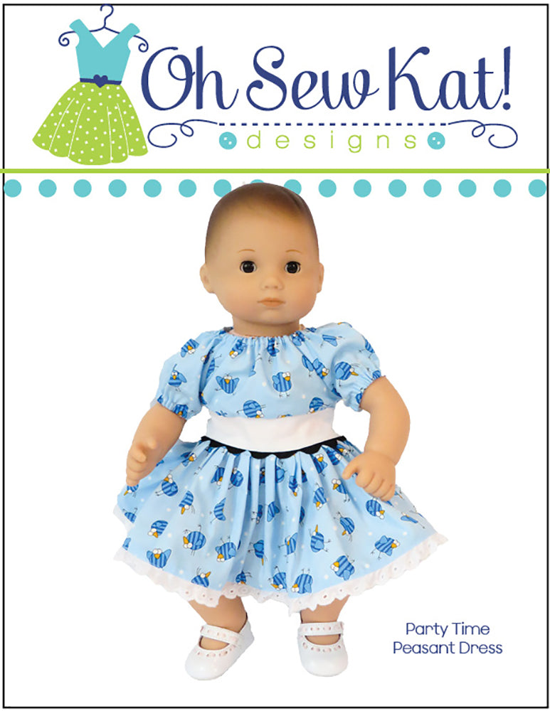 Oh Sew Kat Bitty Baby/Twin Party Time Peasant Dress 15" Baby Doll Clothes Pattern Pixie Faire