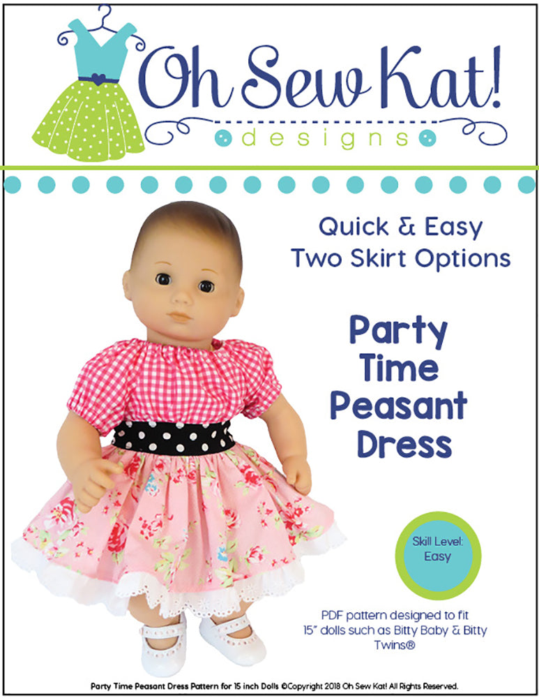 Oh Sew Kat Bitty Baby/Twin Party Time Peasant Dress 15" Baby Doll Clothes Pattern Pixie Faire