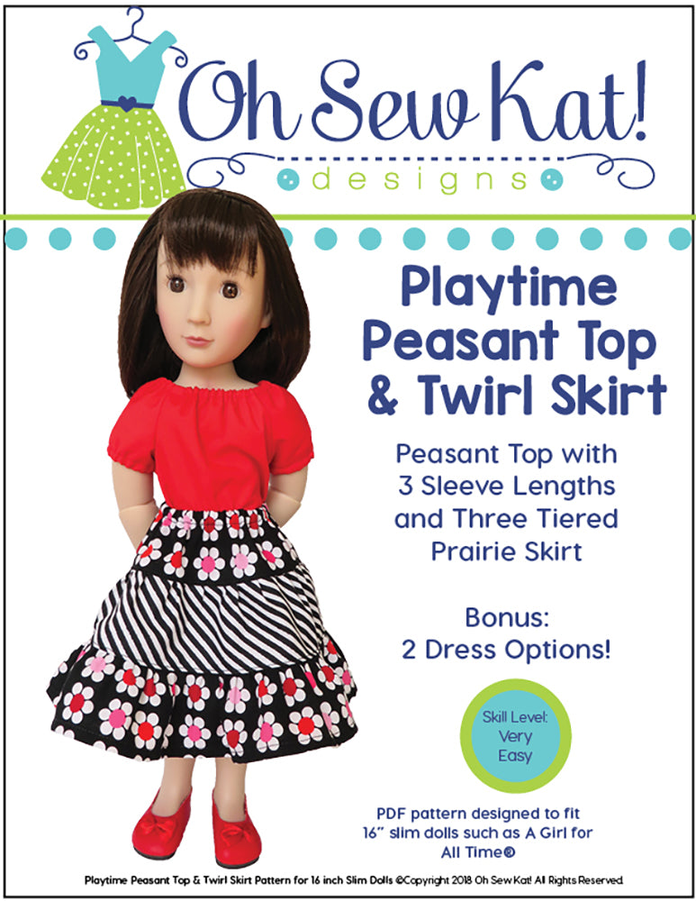 Oh Sew Kat A Girl For All Time Playtime Peasant Top & Twirl Skirt Doll Clothes Pattern for 16" A Girl For All Time® Dolls Pixie Faire