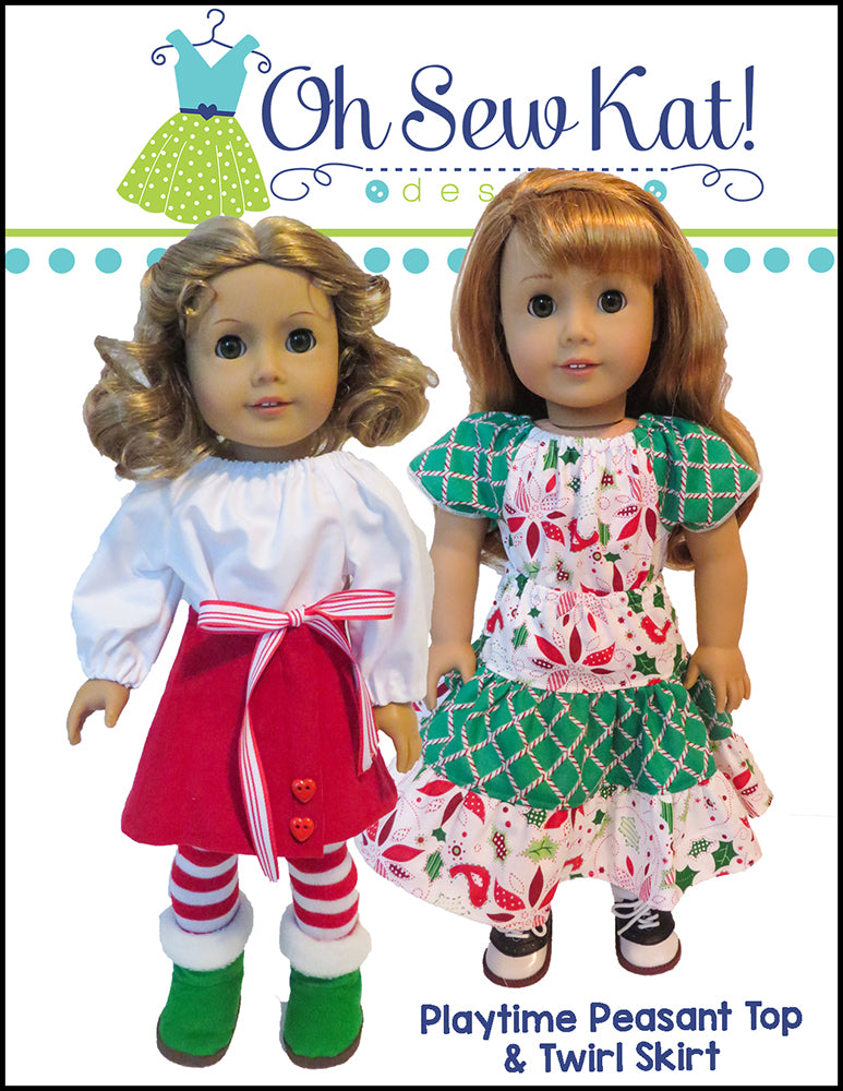 Oh Sew Kat 18 Inch Modern Playtime Peasant Top & Twirl Skirt 18" Doll Clothes Pattern Pixie Faire