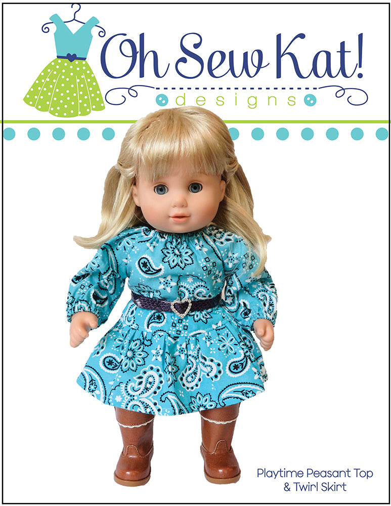 Oh Sew Kat Bitty Baby/Twin Playtime Peasant Top & Twirl Skirt 15" Baby Doll Clothes Pattern Pixie Faire