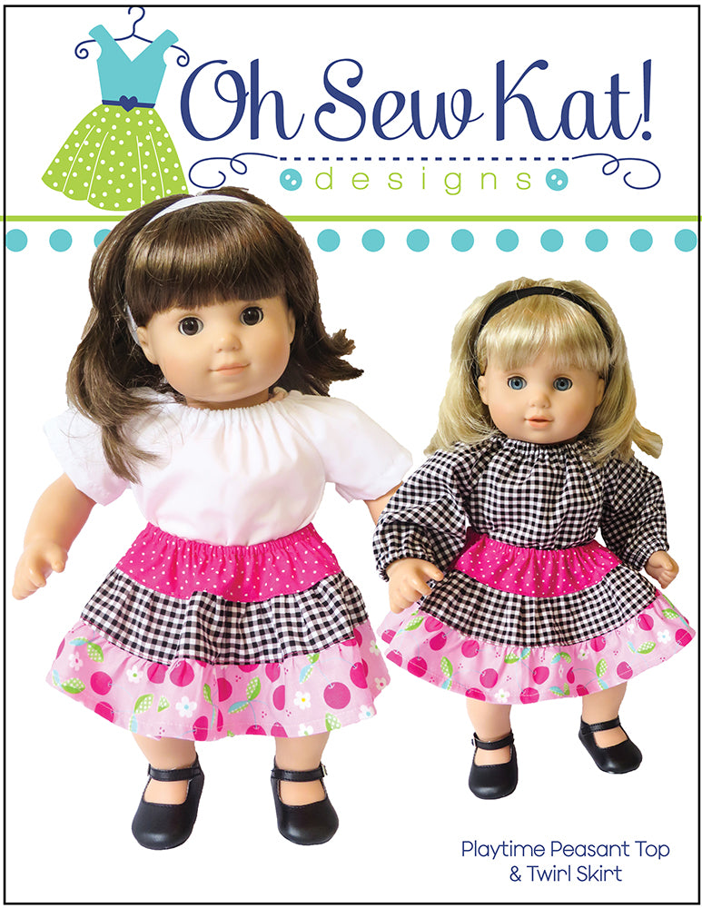 Oh Sew Kat Bitty Baby/Twin Playtime Peasant Top & Twirl Skirt 15" Baby Doll Clothes Pattern Pixie Faire
