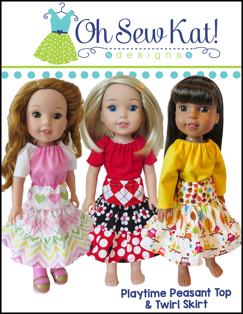Oh Sew Kat WellieWishers Playtime Peasant Top & Twirl Skirt 14.5" Doll Clothes Pattern Pixie Faire