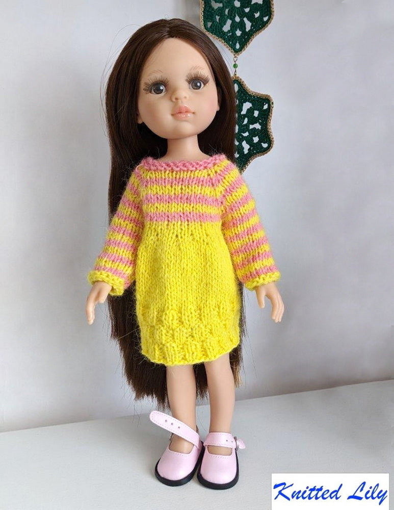 Knitted Lily Paola Reina Kerria Dress Knitting Pattern for 13" Paola Reina Dolls Pixie Faire
