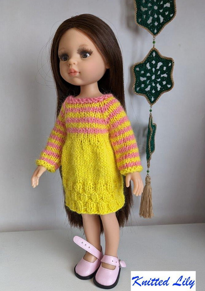 Knitted Lily Paola Reina Kerria Dress Knitting Pattern for 13" Paola Reina Dolls Pixie Faire