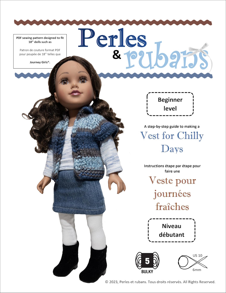 Perles & Rubans Knitting Vest for Chilly Days Doll Clothes Knitting Pattern for Journey Girls™ Dolls Pixie Faire