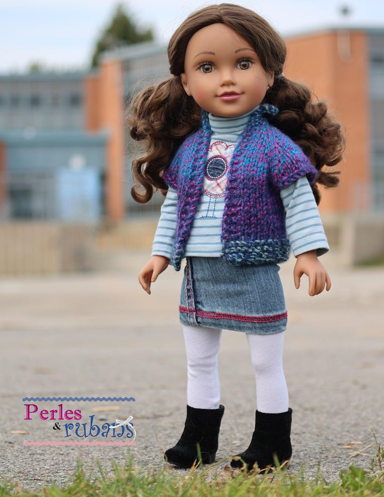Perles & Rubans Knitting Vest for Chilly Days Doll Clothes Knitting Pattern for Journey Girls™ Dolls Pixie Faire