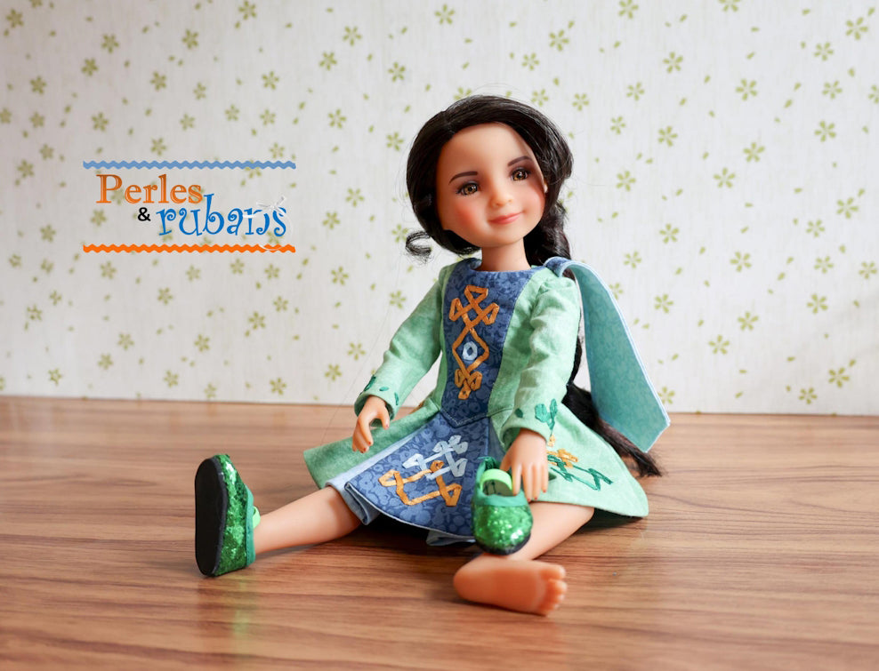 Perles & Rubans WellieWishers The Dubliner Irish Jig Dress 14-15" Doll Clothes Pattern Pixie Faire