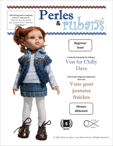 Perles & Rubans Knitting Vest for Chilly Days 13" Doll Clothes Knitting Pattern for Paola Reina Dolls Pixie Faire