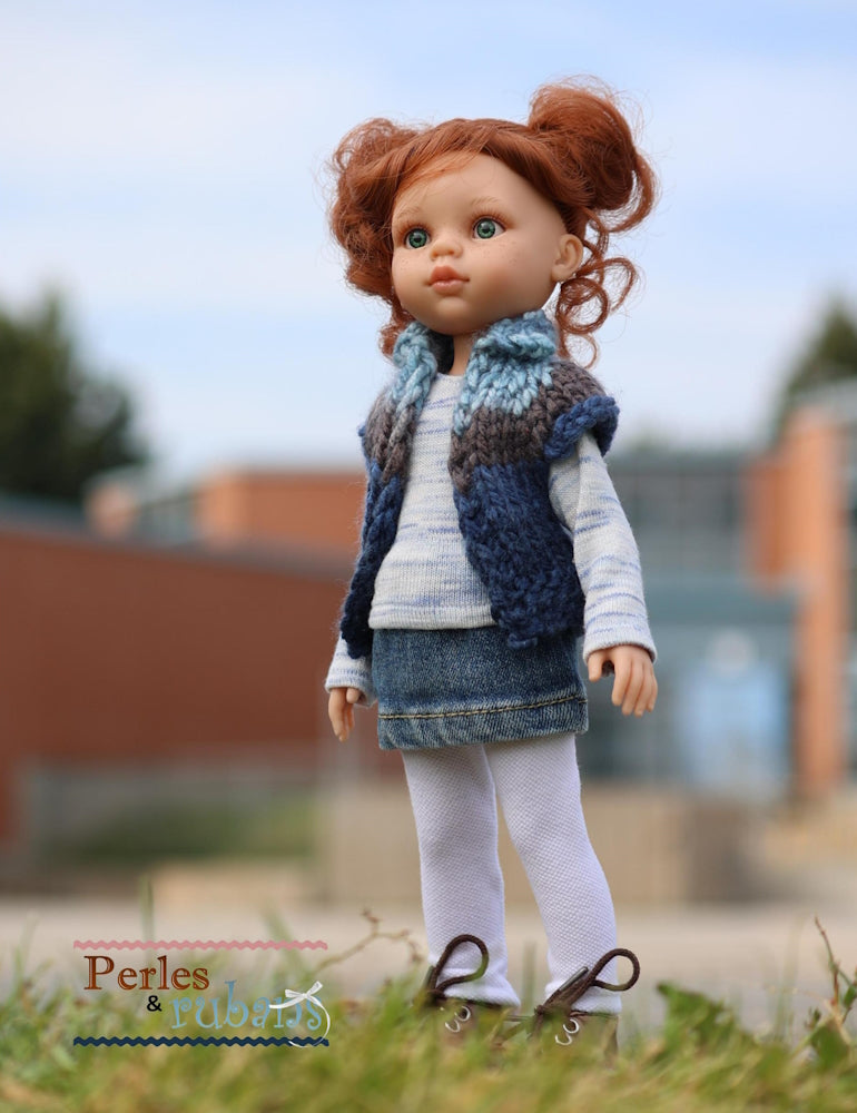 Perles & Rubans Knitting Vest for Chilly Days 13" Doll Clothes Knitting Pattern for Paola Reina Dolls Pixie Faire