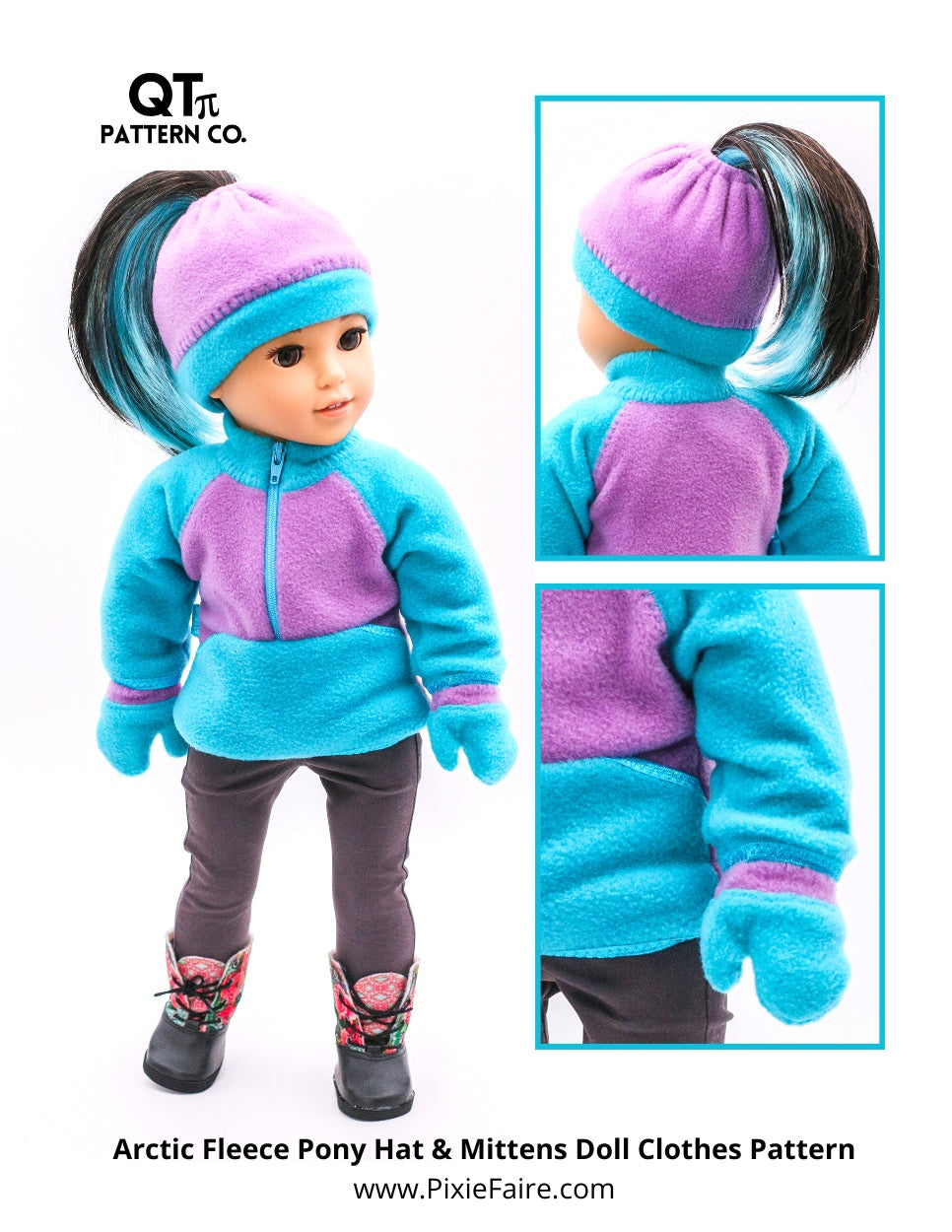 QTπ Pattern Co 18 Inch Modern Arctic Fleece Pony Hat & Mittens 18" Doll Clothes Pattern Pixie Faire
