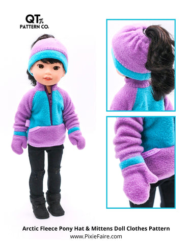 QTπ Pattern Co 18 Inch Modern Arctic Fleece Pony Hat & Mittens 14.5" Doll Clothes Pattern Pixie Faire
