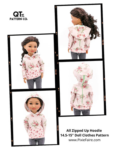 QTπ Pattern Co Ruby Red Fashion Friends All Zipped Up Hoodie 14.5-15" Doll Clothes Pattern Pixie Faire