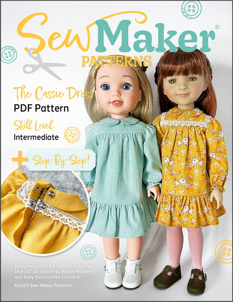 Sew Maker Patterns WellieWishers The Cassie Dress 14.5-15" Doll Clothes Pattern Pixie Faire