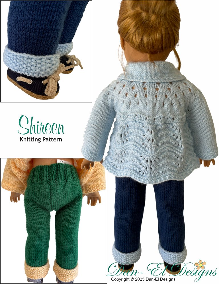 Dan-El Designs Knitting Shireen Sweater and Pants 18 inch Doll Clothes Knitting Pattern Pixie Faire