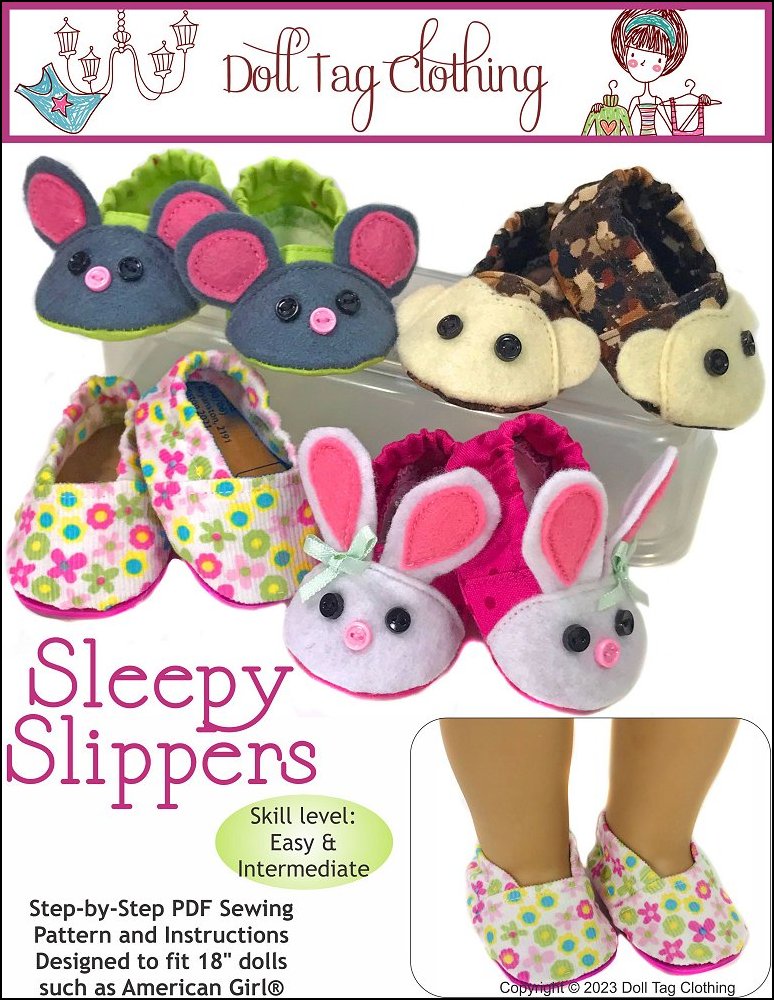 Doll Tag Clothing Shoes Sleepy Slippers 18" Doll Clothes Pattern Pixie Faire