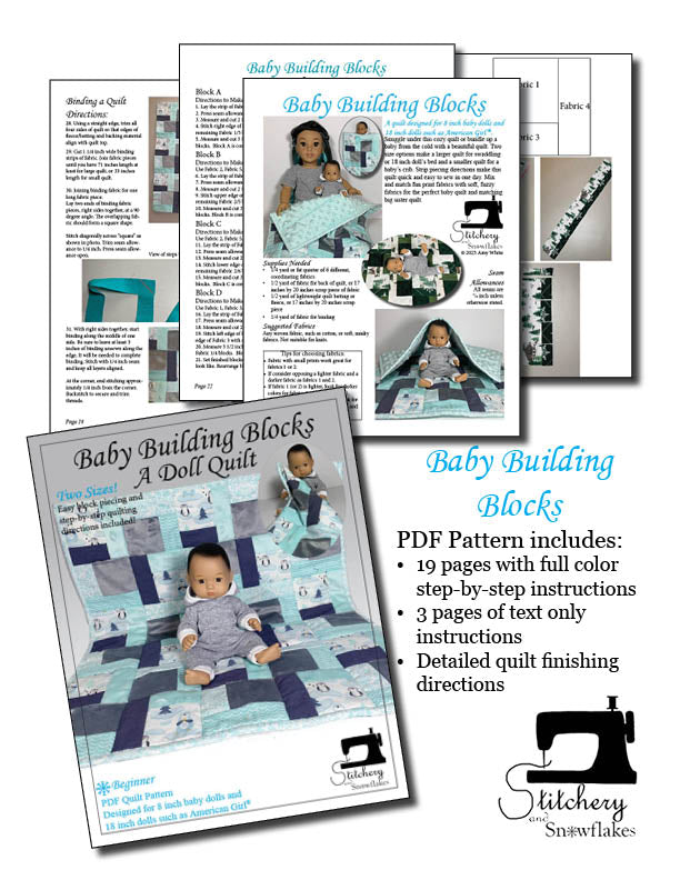 Stitchery By Snowflake 18 Inch Modern Baby Building Blocks Doll Quilt Pattern for 8" Baby Dolls and 18" Dolls Pixie Faire