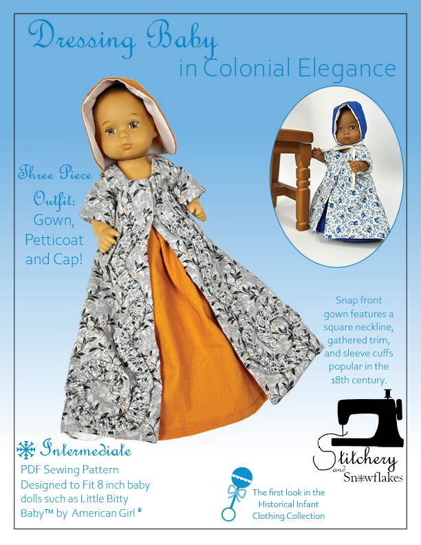 Stitchery and Snowflakes Dressing Baby... in Colonial Elegance Doll Clothes Pattern for 8 stitchery-and-snowflakes-dressing-baby-in-colonial-elegance-doll-clothes-pattern-for-8-baby-dolls