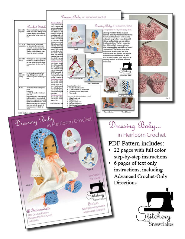 Stitchery By Snowflake Crochet Dressing Baby... in Heirloom Crochet Doll Clothes Pattern for 8" Baby Dolls Pixie Faire
