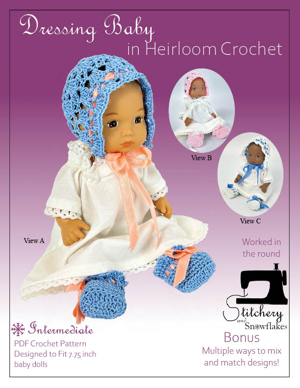 Stitchery By Snowflake Crochet Dressing Baby... in Heirloom Crochet Doll Clothes Pattern for 8" Baby Dolls Pixie Faire