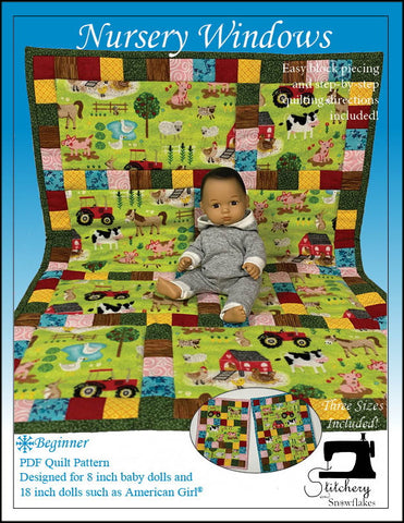 Stitchery By Snowflake 18 Inch Modern Nursery Windows Doll Quilt Pattern for 8" Baby Dolls and 18" Dolls Pixie Faire