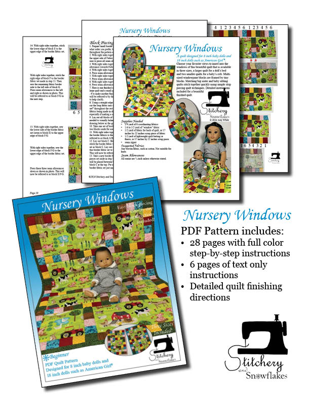 Stitchery By Snowflake 18 Inch Modern Nursery Windows Doll Quilt Pattern for 8" Baby Dolls and 18" Dolls Pixie Faire
