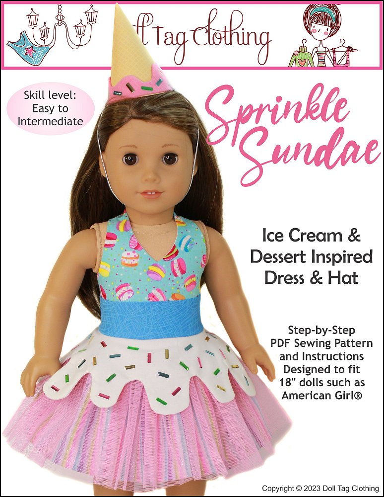 Doll Tag Clothing 18 Inch Modern Sprinkle Sundae Dress 18" Doll Clothes Pattern Pixie Faire