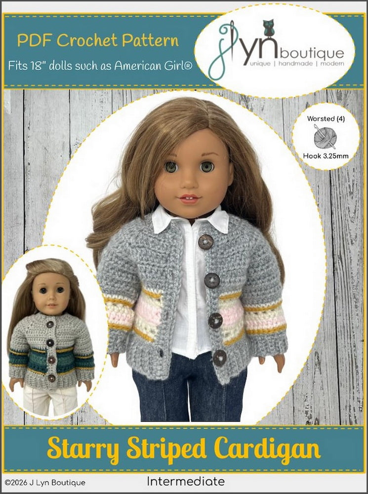 J Lyn Boutique Crochet Starry Striped Cardigan 18" Doll Clothes Crochet Pattern Pixie Faire