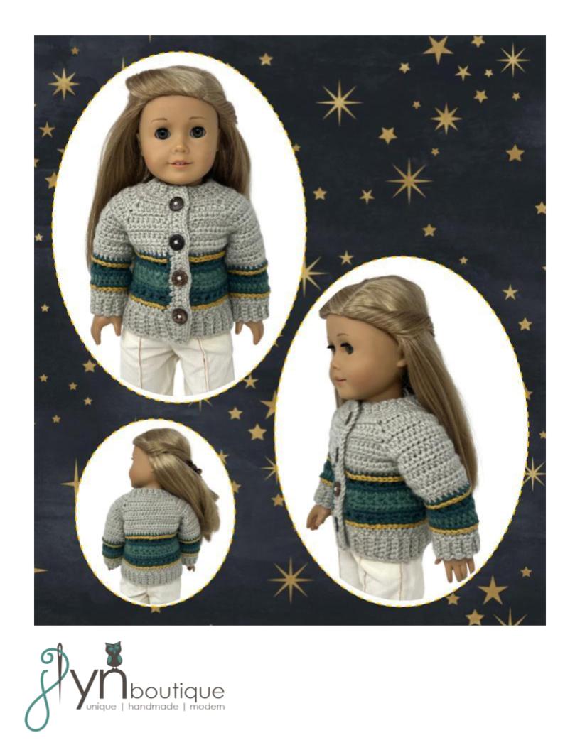 J Lyn Boutique Crochet Starry Striped Cardigan 18" Doll Clothes Crochet Pattern Pixie Faire