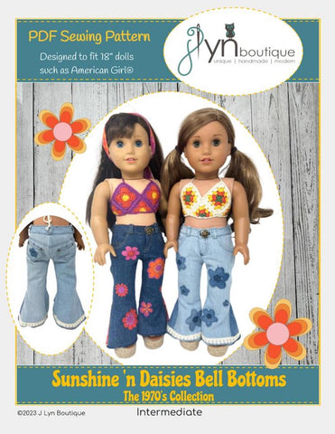 J Lyn Boutique 18 Inch Historical Sunshine 'n Daisies Bell Bottoms 18" Doll Clothes Pattern Pixie Faire