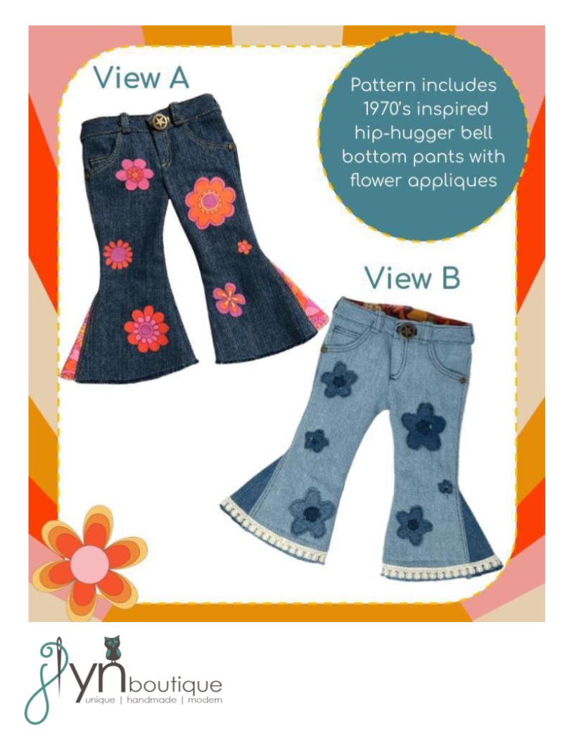 J Lyn Boutique 18 Inch Historical Sunshine 'n Daisies Bell Bottoms 18" Doll Clothes Pattern Pixie Faire