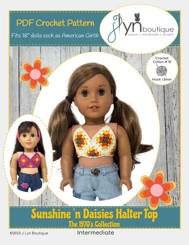 J Lyn Boutique Crochet Sunshine 'n Daisies Halter Top 18" Doll Clothes Crochet Pattern Pixie Faire